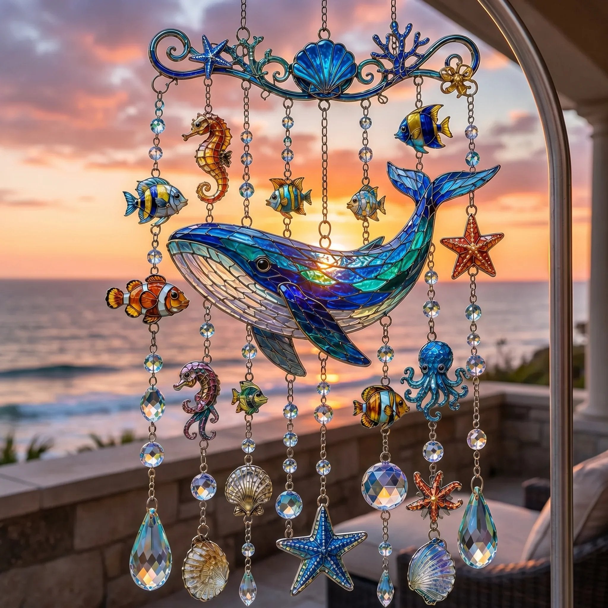 🔥🐋🐢🐬Ocean-Themed Crystal Wind Chime â€?🌊Bring the Ocean Glow to Your Garden