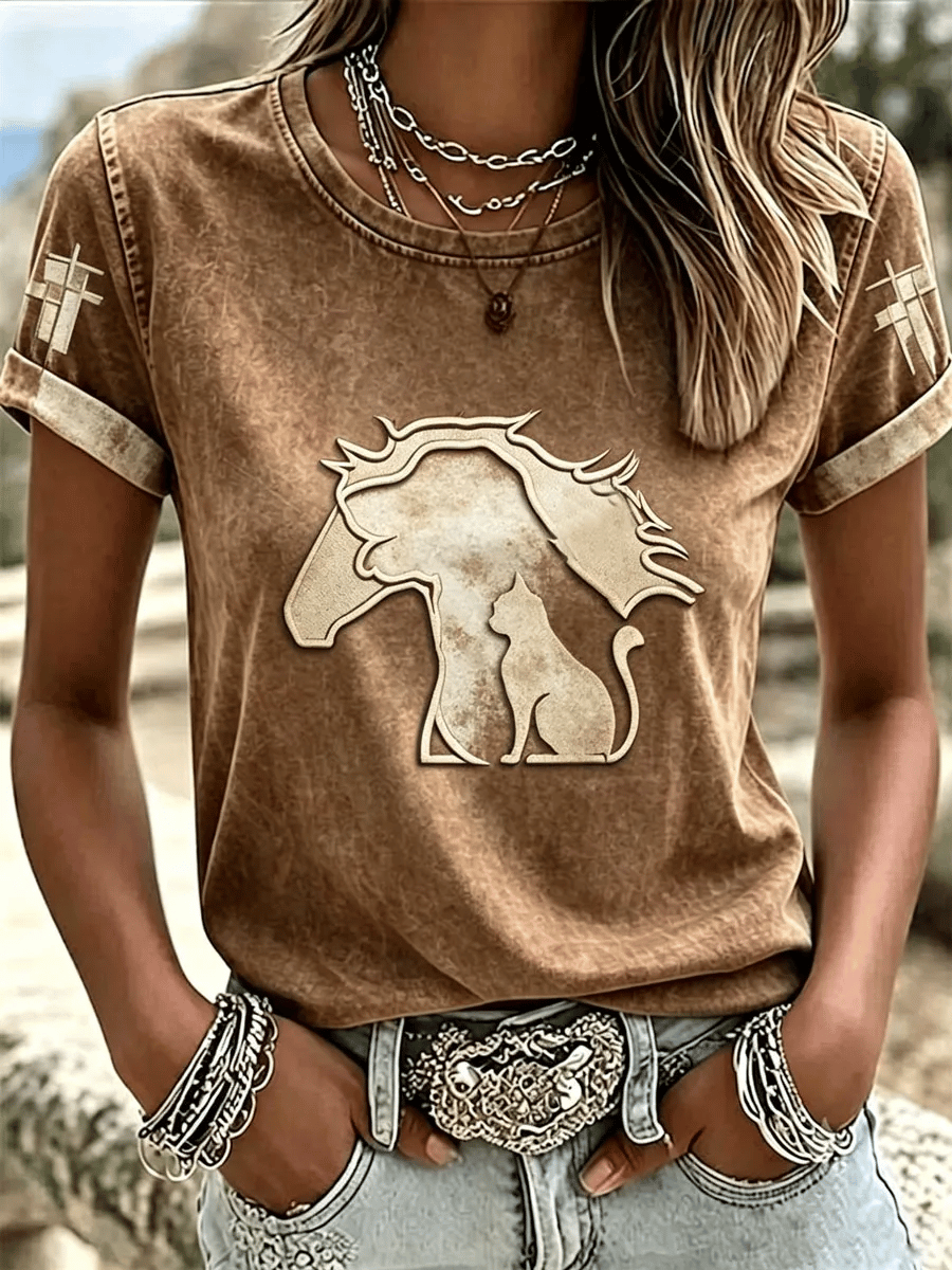 Women'S Western Style Horse And Dog And Cat Combination Pattern Faith Short Sleeved T-Shirt