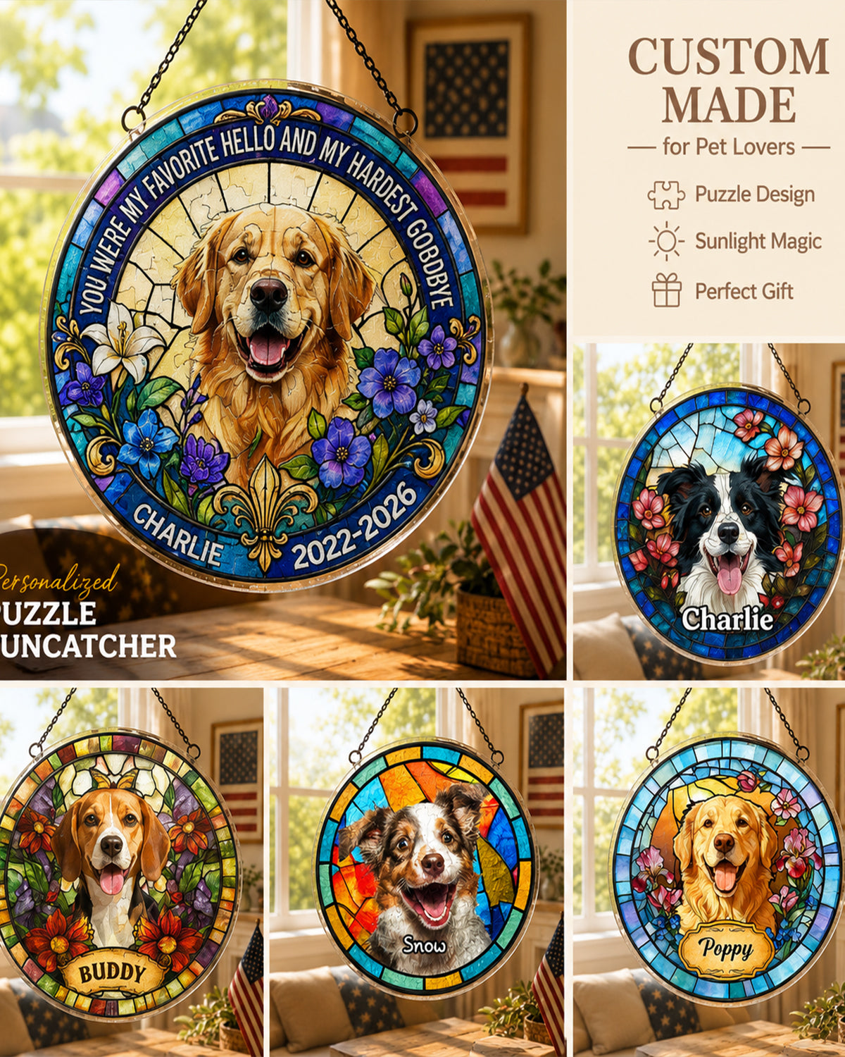 Custom Photo Stained Glass Portrait Dog Cat Family - Personalized Stained Glass Window Hanging Suncatcher