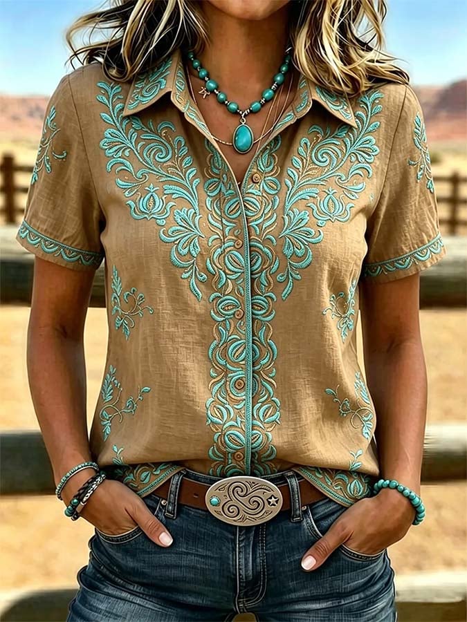 Chemise décontractée rétro imprimée pour femme