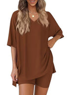 Ensemble de détente femme ultra doux à col en V – Haut oversize à ourlet fendu et short cycliste