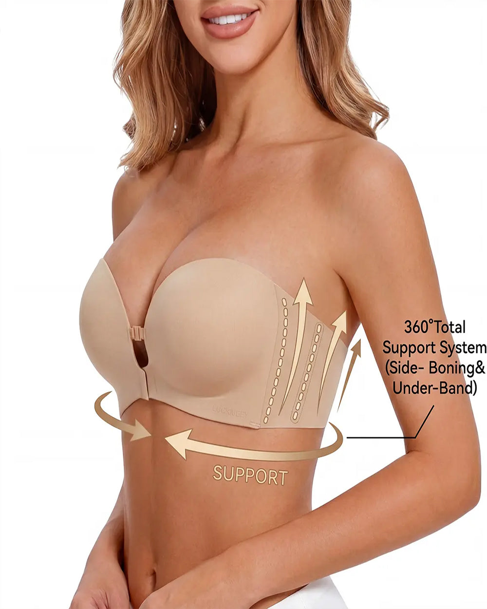 Soutien-gorge sans bretelles à double boucle avant pour femme | Soutien-gorge sans armature anti-glisse et maintien complet