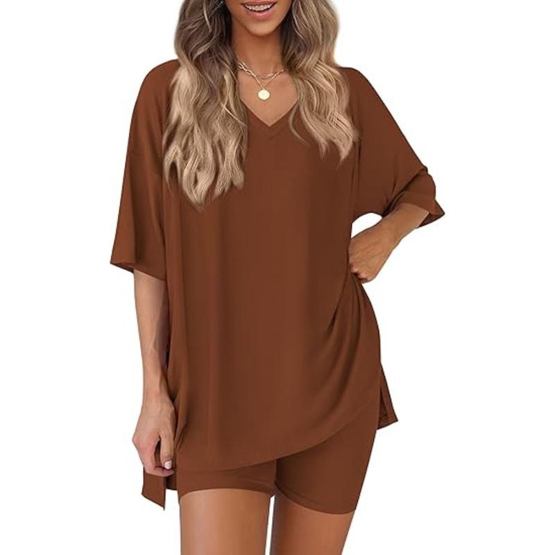 Women’s Buttery-Soft V-Neck Lounge Set – Oversized Split-Hem Top & Biker Shorts