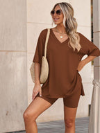 Ensemble de détente femme ultra doux à col en V – Haut oversize à ourlet fendu et short cycliste
