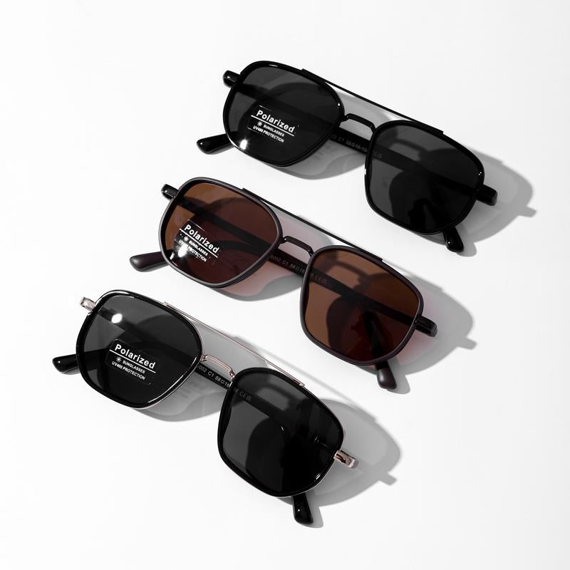 Men’s Geometric Double-Bridge Polarized Sunglasses – Retro Metal Frame Shades