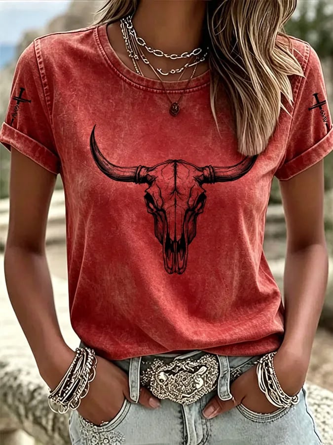 T-Shirt Col Rond Imprimé Dégradé Foi Art Équestre Western Femme