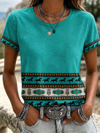 Women's Western-Style Vintage Print Crew-Neck T-Shirt