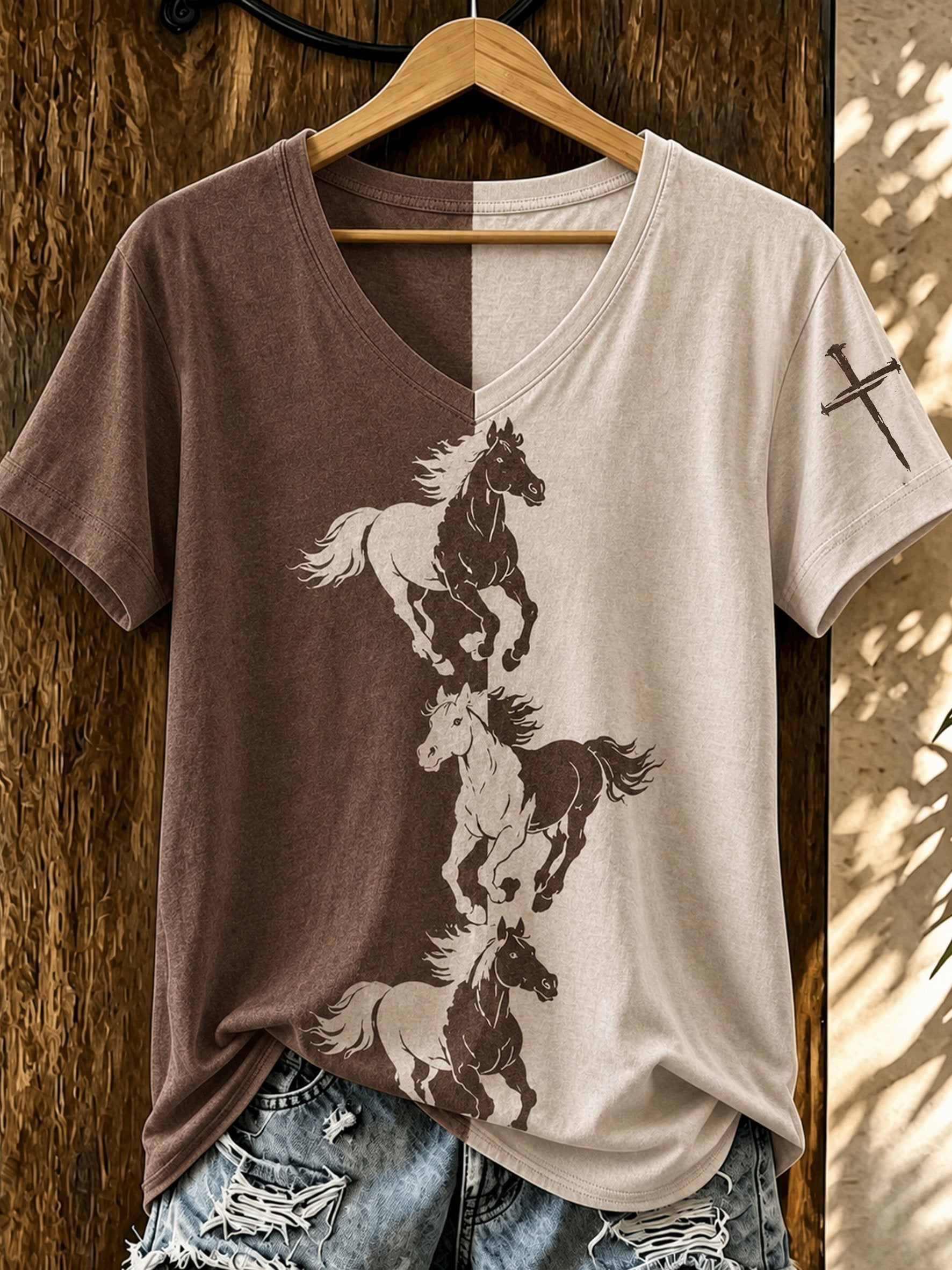 Women's Western Faith Print V-Neck Top
