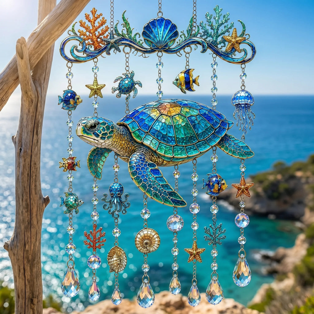 🔥🐋🐢🐬Ocean-Themed Crystal Wind Chime â€?🌊Bring the Ocean Glow to Your Garden