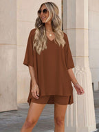 Ensemble de détente femme ultra doux à col en V – Haut oversize à ourlet fendu et short cycliste