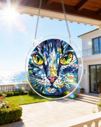 Attrape-soleil lumineux chat mosaïque - Art acrylique pour fenêtre