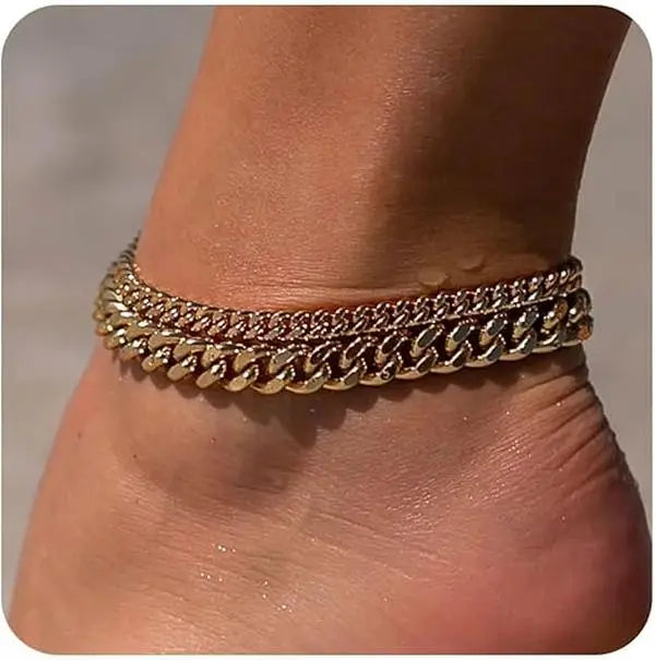 Waterproof Gold Plated Cuban Link Anklet Set for Women