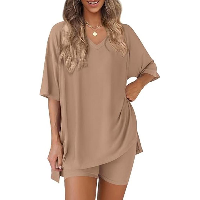Women’s Buttery-Soft V-Neck Lounge Set – Oversized Split-Hem Top & Biker Shorts