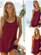 Mini-robe active rayée en 95 % coton pour femme avec short intégré et poches