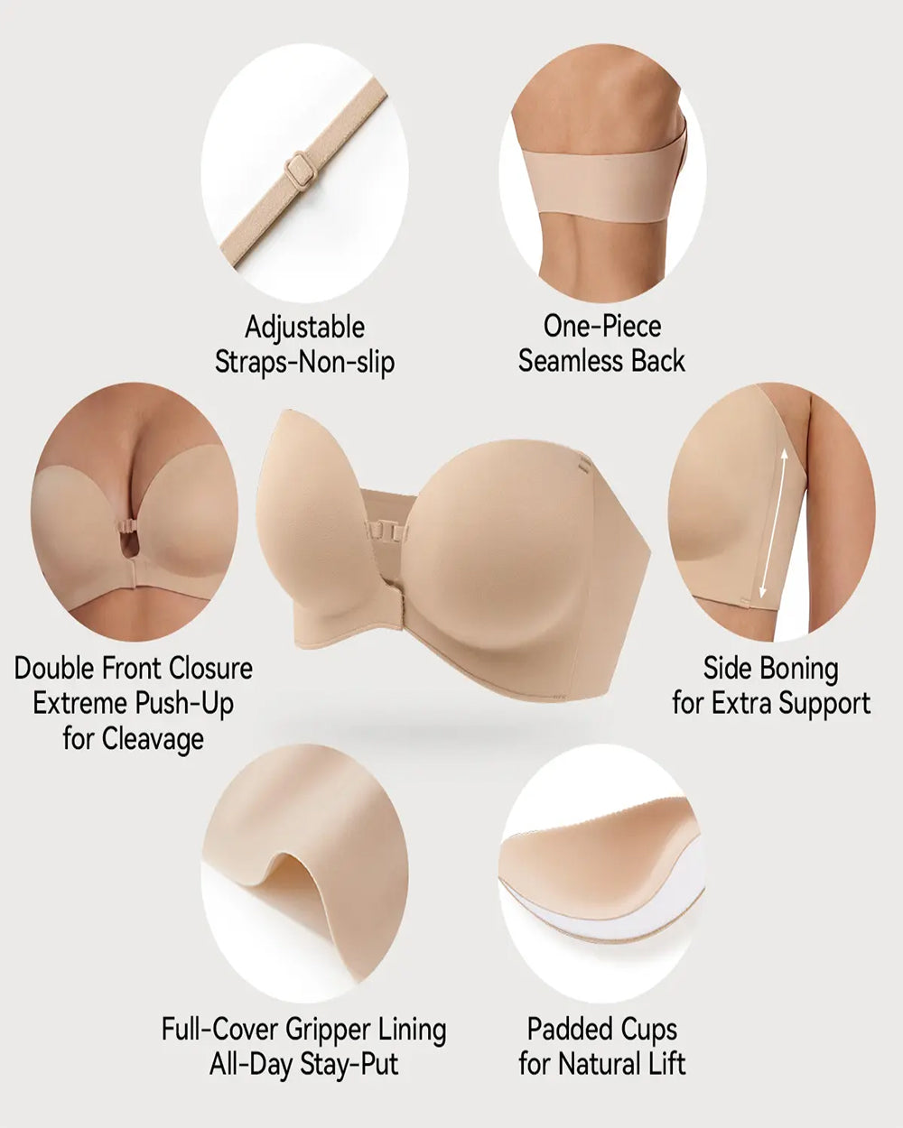 Soutien-gorge sans bretelles à double boucle avant pour femme | Soutien-gorge sans armature anti-glisse et maintien complet