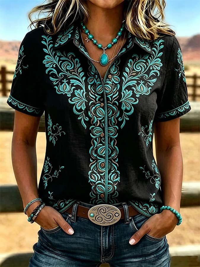 Chemise décontractée rétro imprimée pour femme