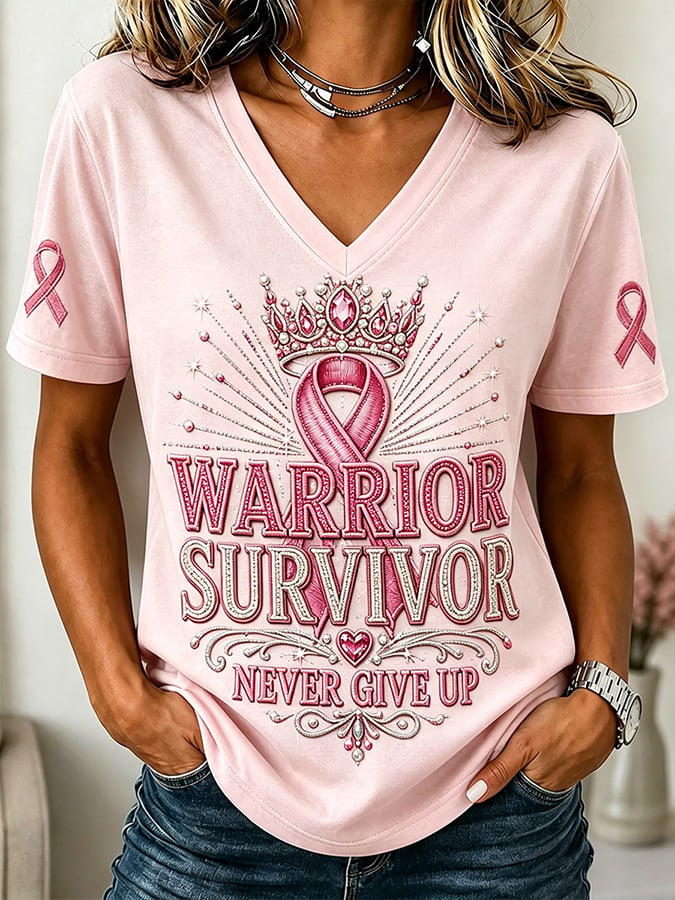 Women's Breast Cancer Ribbon  Printing  T-Shirts