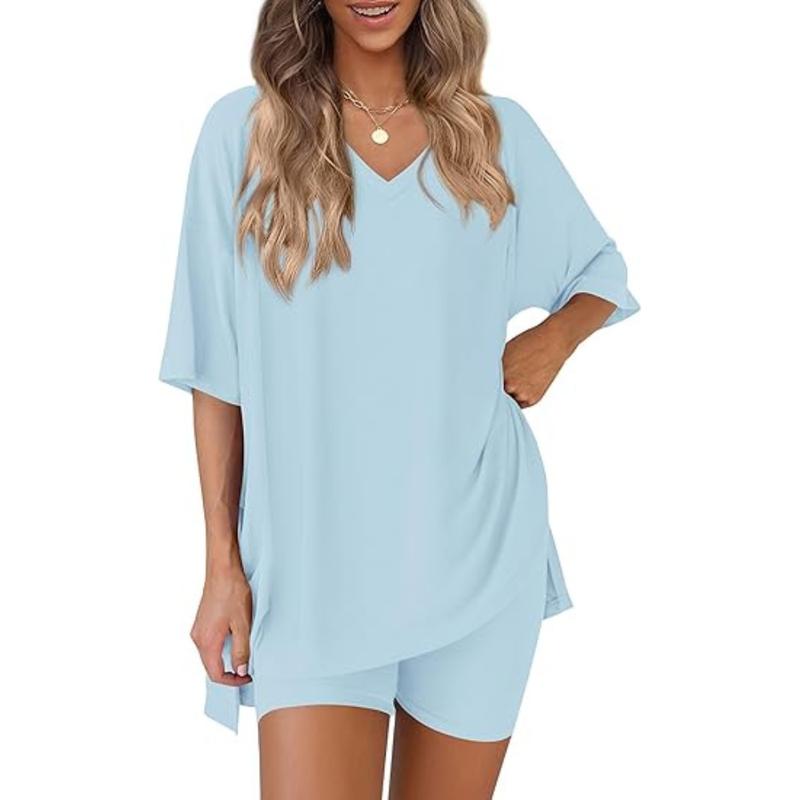 Women’s Buttery-Soft V-Neck Lounge Set – Oversized Split-Hem Top & Biker Shorts