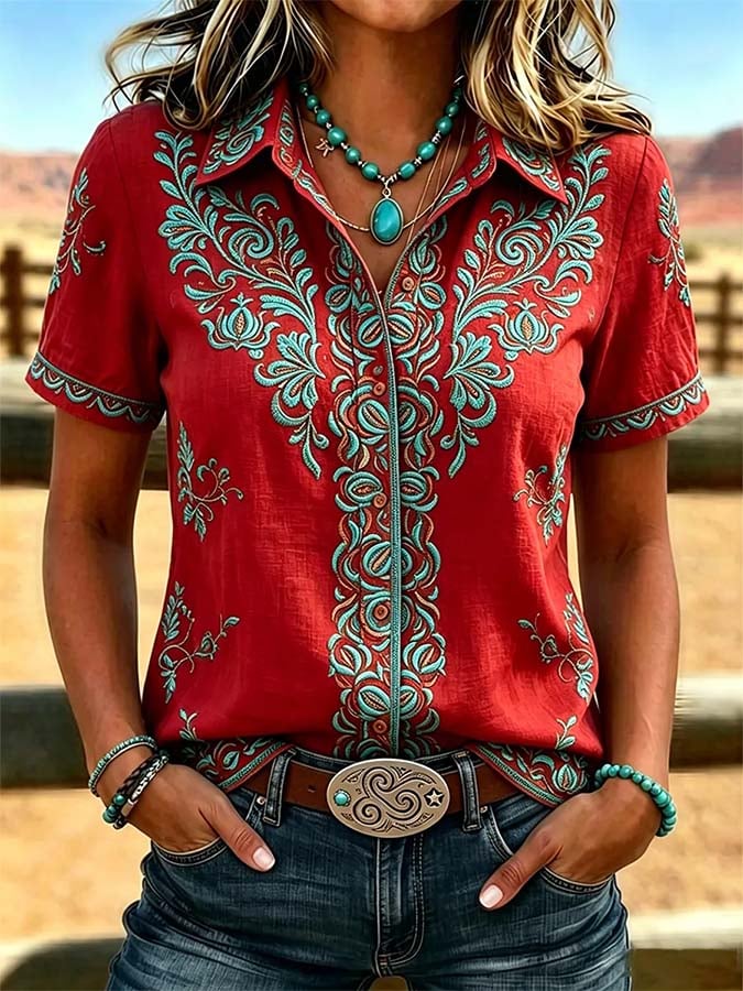 Chemise décontractée rétro imprimée pour femme