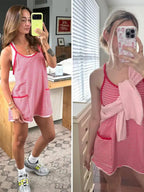 Mini-robe active rayée en 95 % coton pour femme avec short intégré et poches