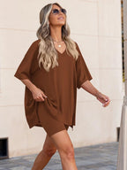 Ensemble de détente femme ultra doux à col en V – Haut oversize à ourlet fendu et short cycliste