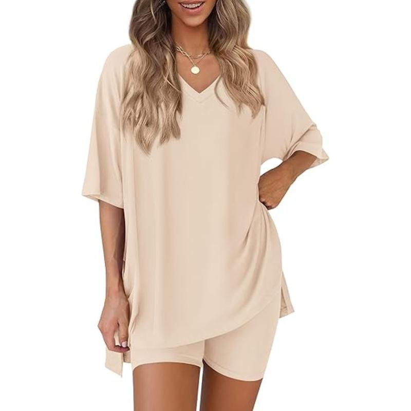 Women’s Buttery-Soft V-Neck Lounge Set – Oversized Split-Hem Top & Biker Shorts