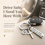 Porte-clés Maneja Con Cuidado Drive Safe avec croix et breloque I Love You