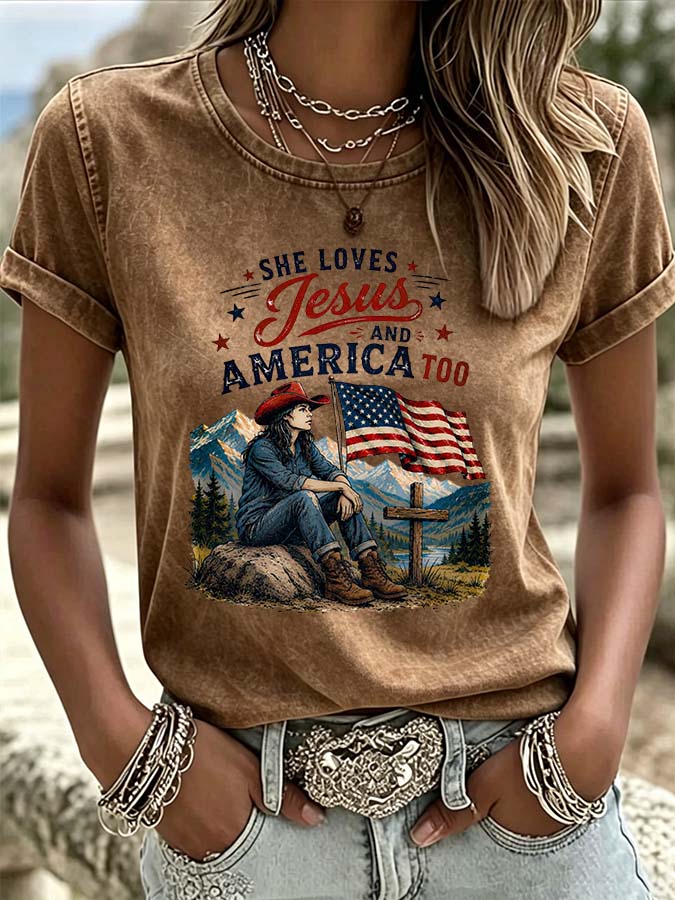 Women'S Western Style American Flag Love Jesus And American Casual Round Neck T-Shirt