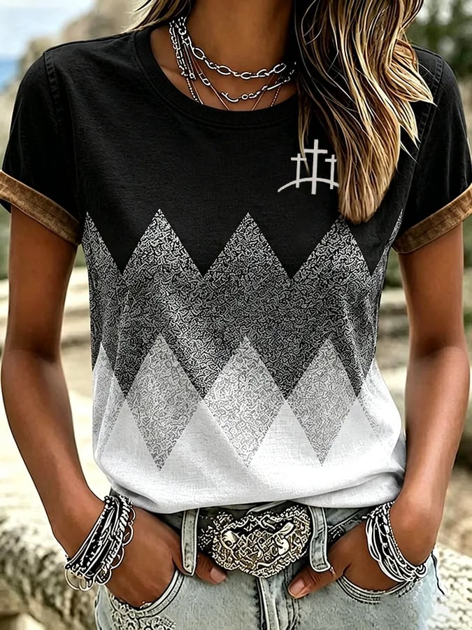 T-shirt à col rond imprimé dégradé Western Femme Art Cheval Foi