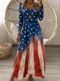Women Geometric Spring/Fall Dress V Neck Long Sleeve A-Line Dress