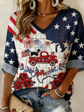 Women's 250th Anniversary Flag Flower Embroidery Pattern Printed T-shirt