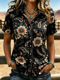Chemisier à manches courtes boutonnée pour femme, style western, imprimé cachemire et floral bohème