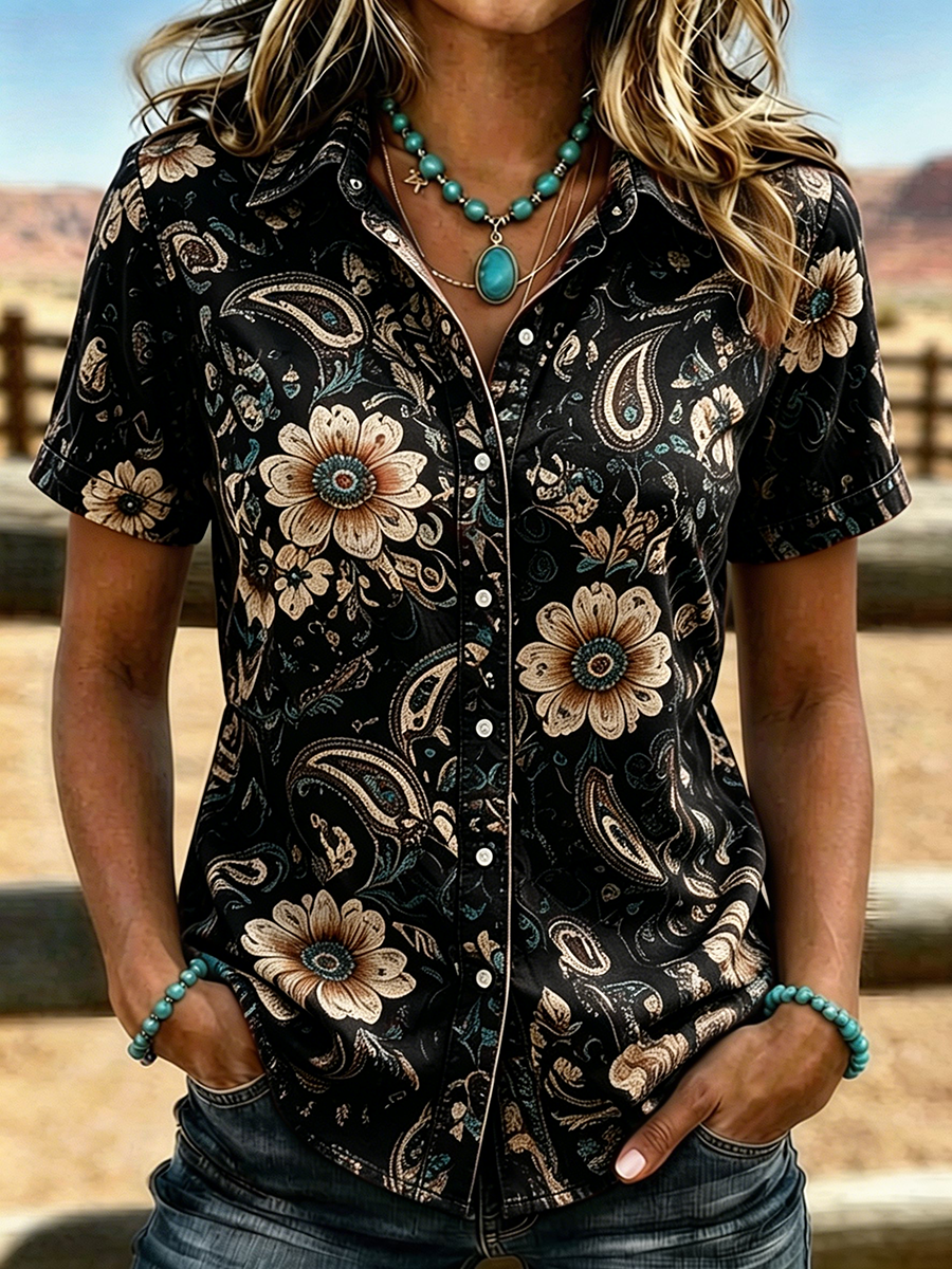 Chemisier à manches courtes boutonnée pour femme, style western, imprimé cachemire et floral bohème