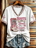 Women's Western Cowgirl Boots And Bows Cross Print V-neck Short-sleeved T-shirt