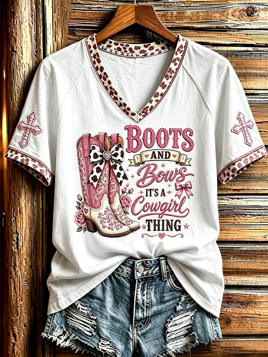 Women's Western Cowgirl Boots And Bows Cross Print V-neck Short-sleeved T-shirt