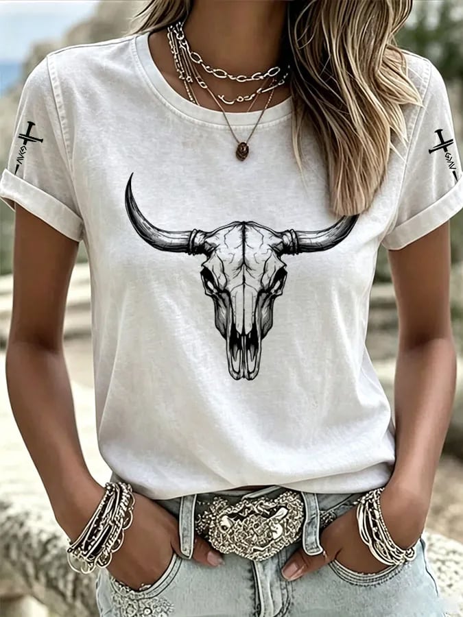 T-Shirt Col Rond Imprimé Dégradé Foi Art Équestre Western Femme