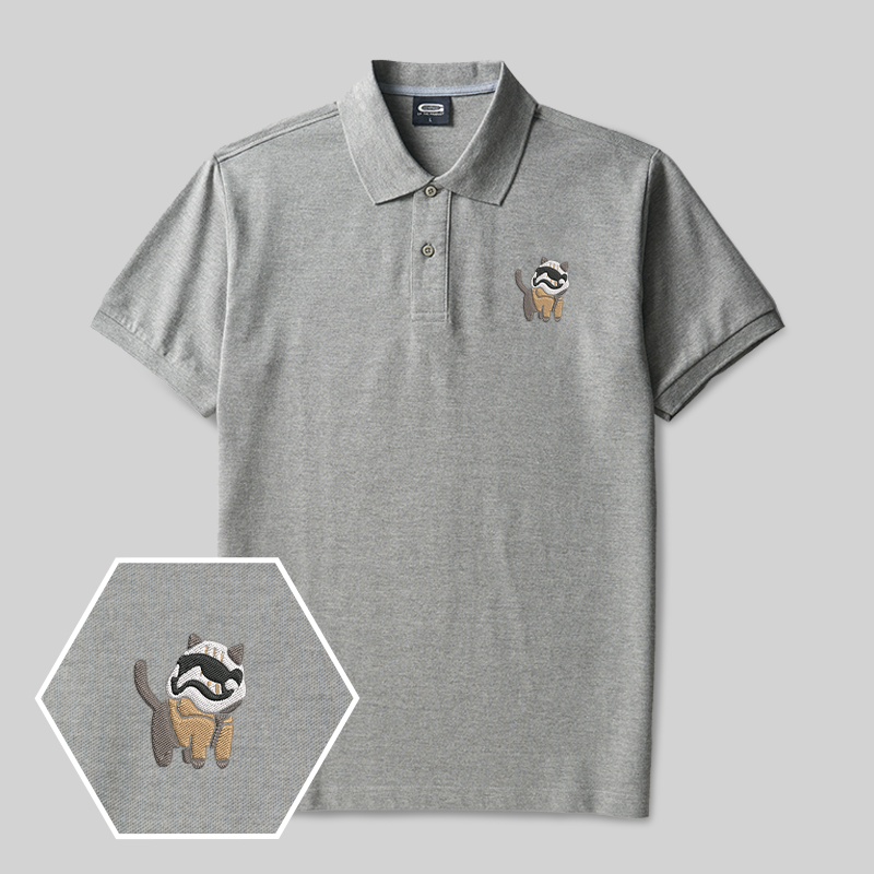 White Soldier Cat Geek Embroidered Polo Shirt