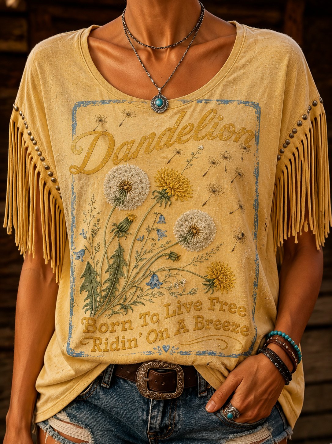 Women's retro country music print tassel round neck top (studs are part of the print)