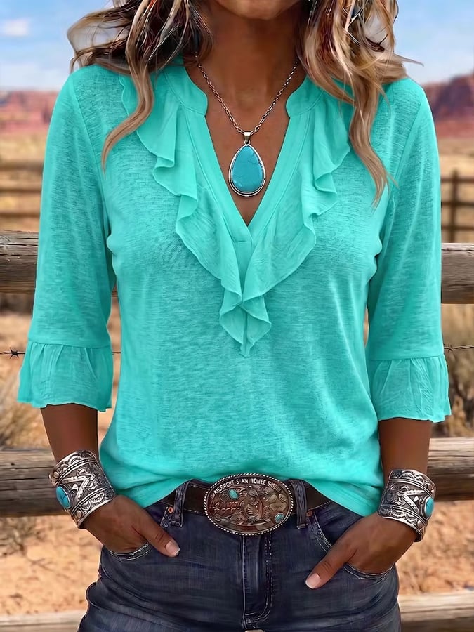 Women's Casual V-Neck Ruffled Cotton-Linen Top