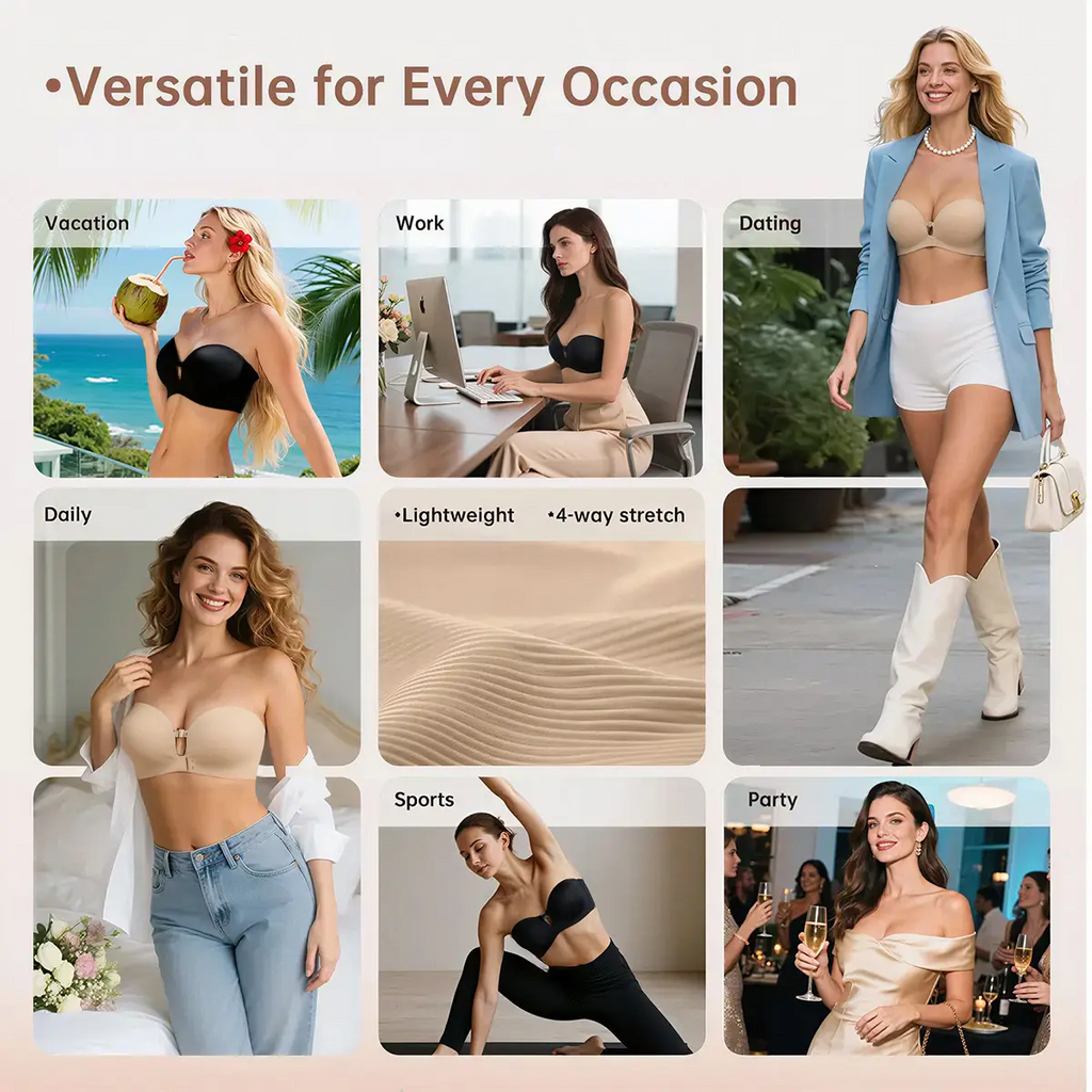 Women's Strapless Bra with Dual Front Buckle | Anti-Slip Wireless Full Support Bra