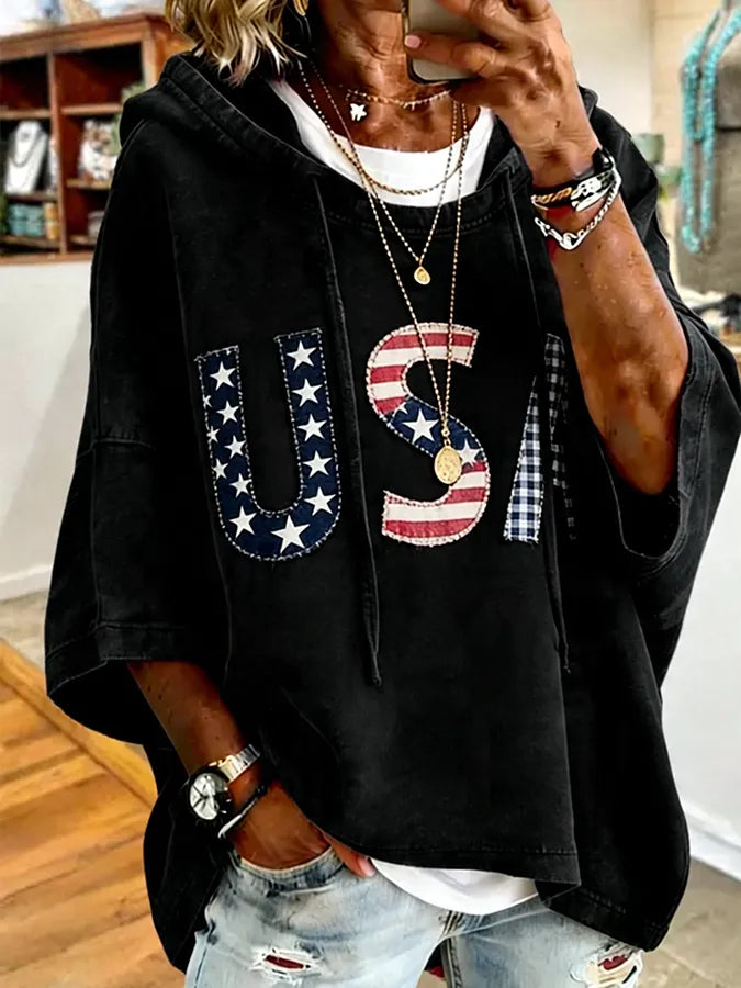 Patriotic Red USA Star Stripe Applique Oversized Hoodie