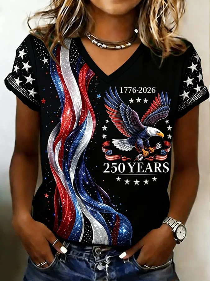 Vintage Text Letters V Neck Short Sleeve T-shirt