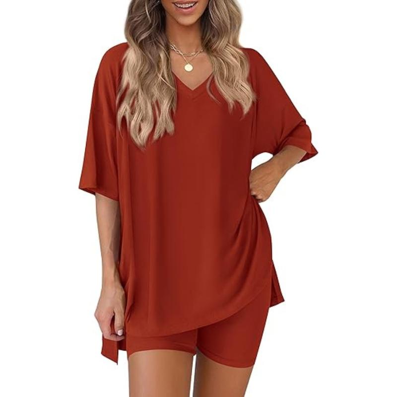 Women’s Buttery-Soft V-Neck Lounge Set – Oversized Split-Hem Top & Biker Shorts