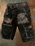 Men'S Retro American Independence Day Printed Workwear Shorts (Excluding Waistband)