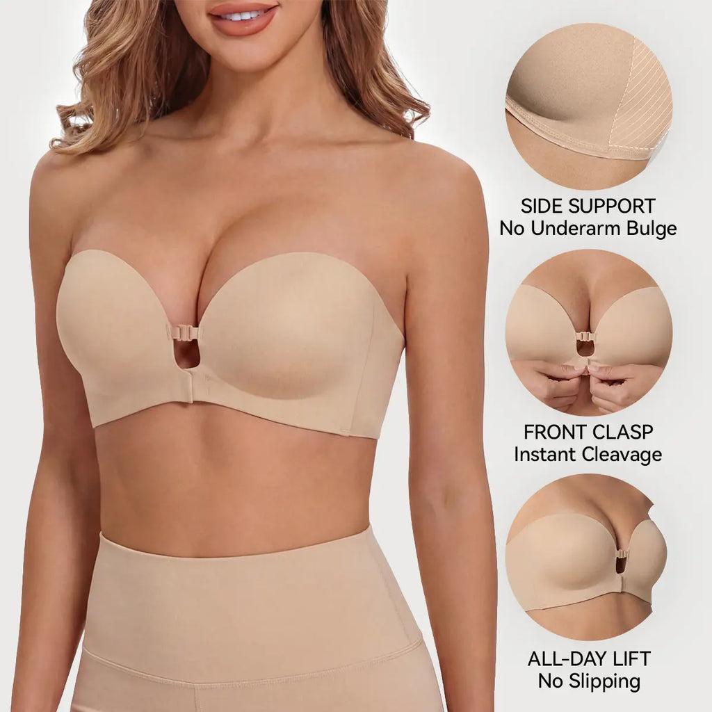Women's Strapless Bra with Dual Front Buckle | Anti-Slip Wireless Full Support Bra