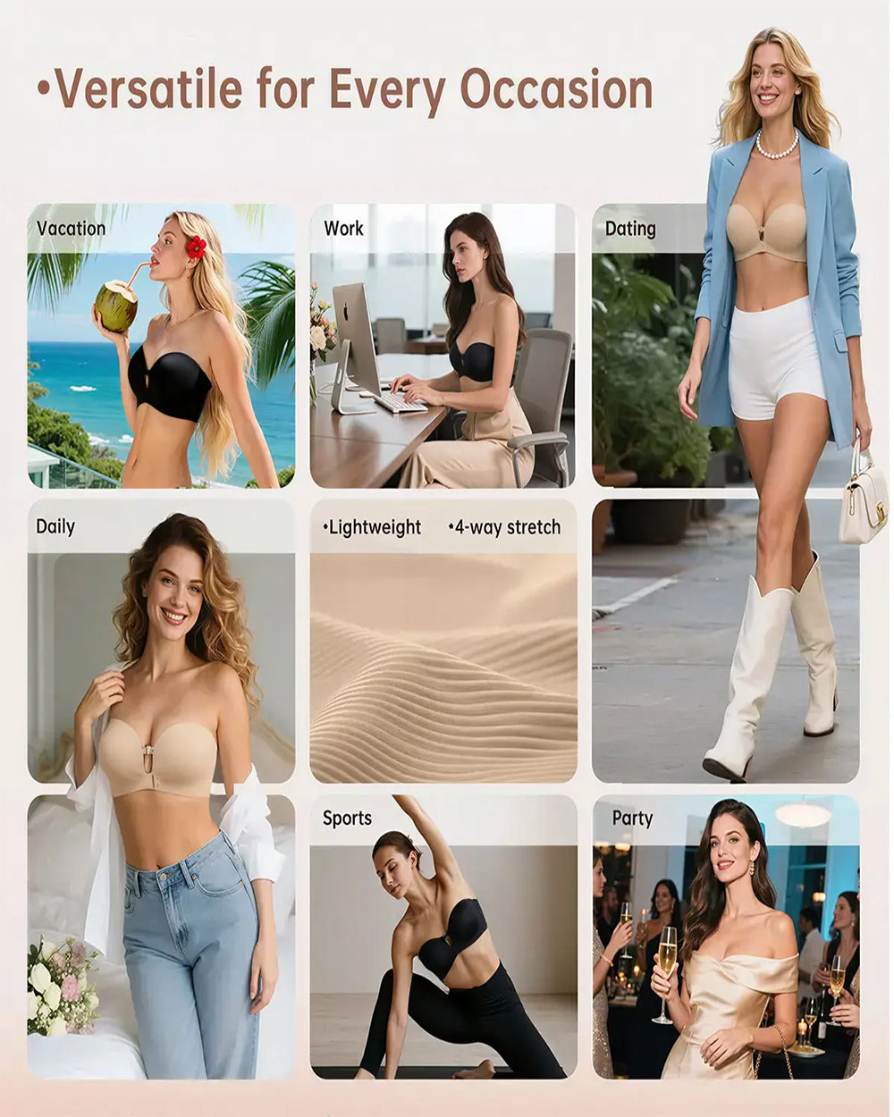 Soutien-gorge sans bretelles à double boucle avant pour femme | Soutien-gorge sans armature anti-glisse et maintien complet