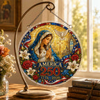 Décoration à suspendre pour fenêtre en acrylique America 250 – Ornement patriotique de style vitrail Madonna et enfant 1776–2026
