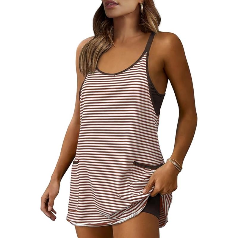 Women’s 95% Cotton Striped Active Mini Dress with Built-In Shorts & Pockets