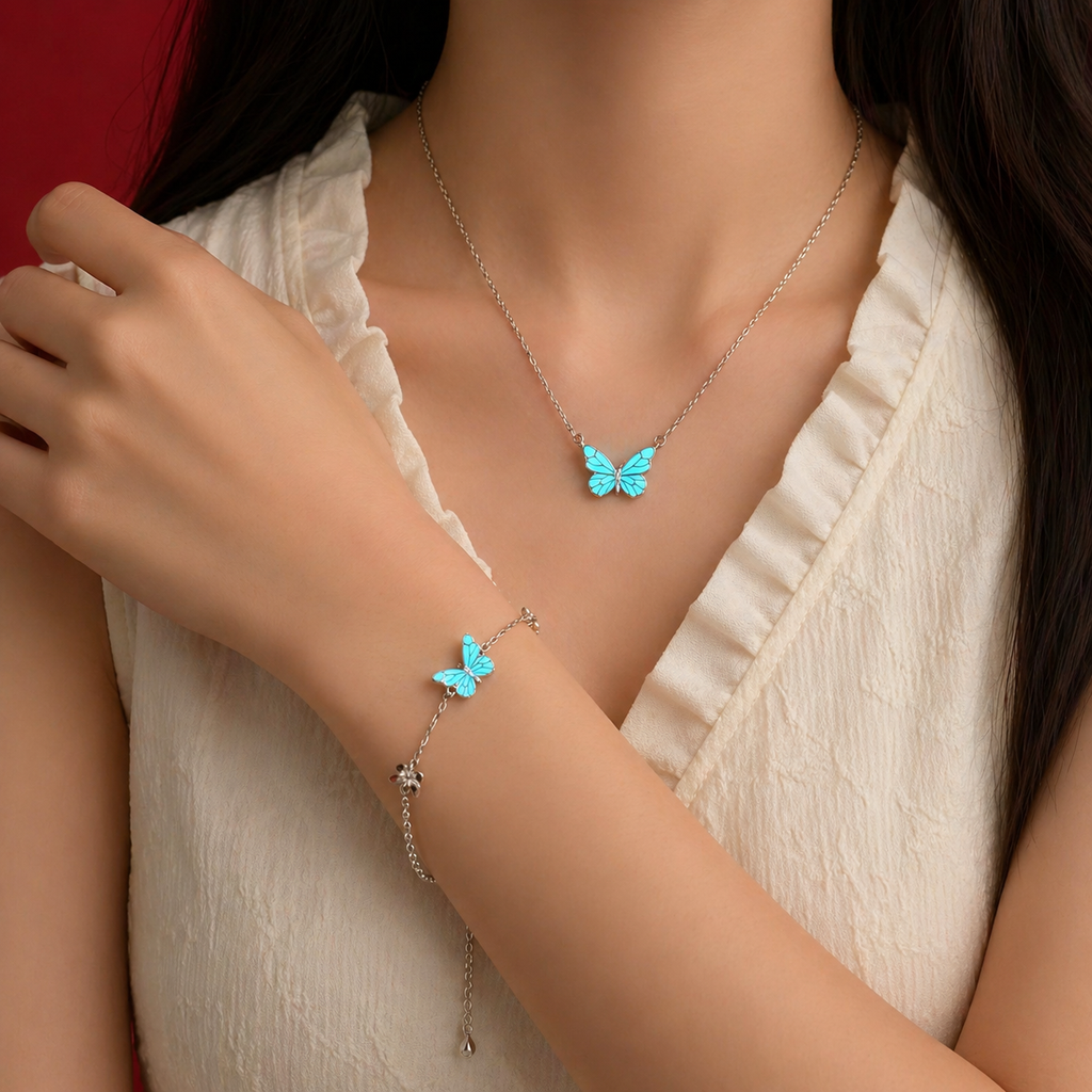 Luminous Butterfly Charm Necklace & Bracelet Set