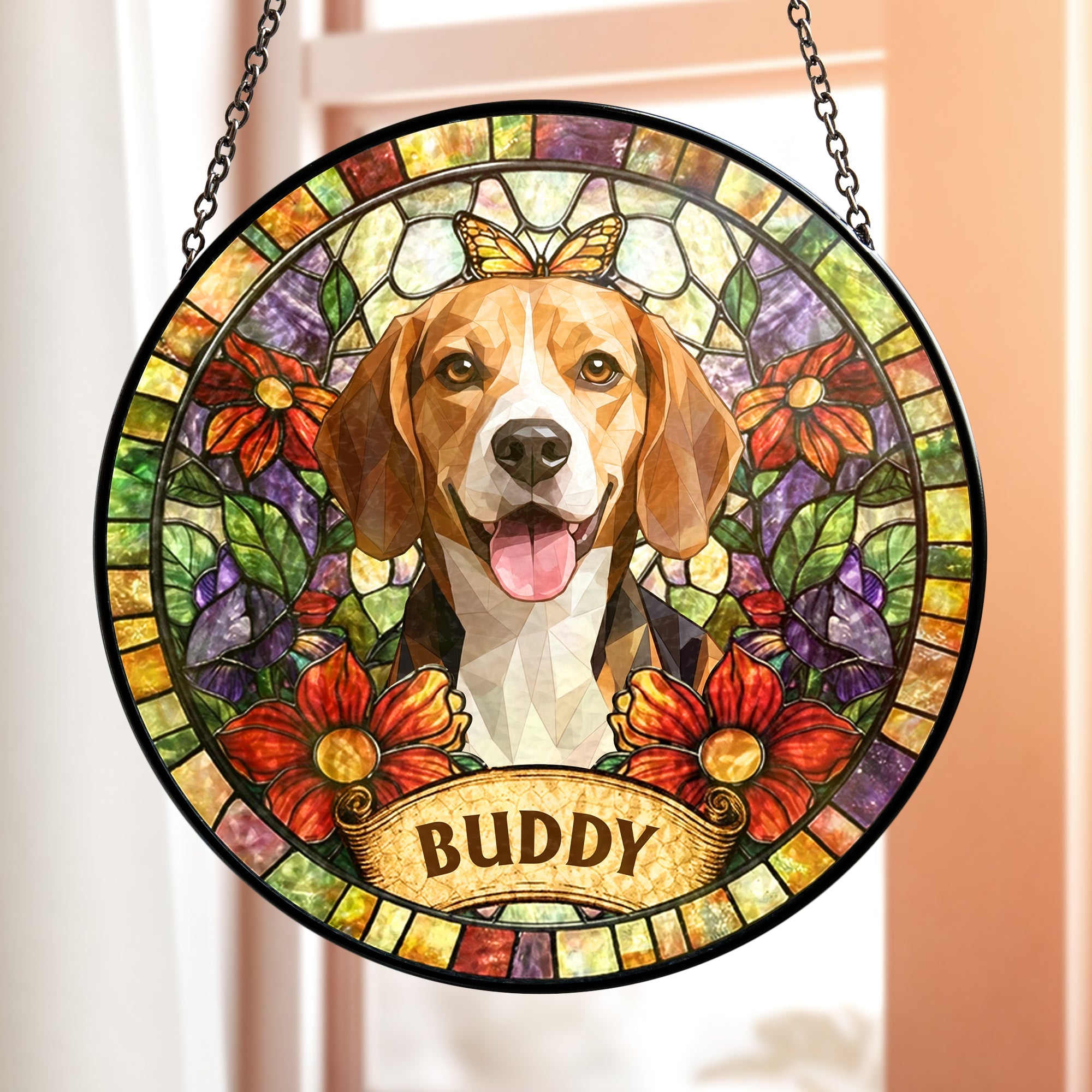 Custom Pet Portrait Stained Glass Style Gift For Pet Lovers - Personalized Window Hanging Suncatcher